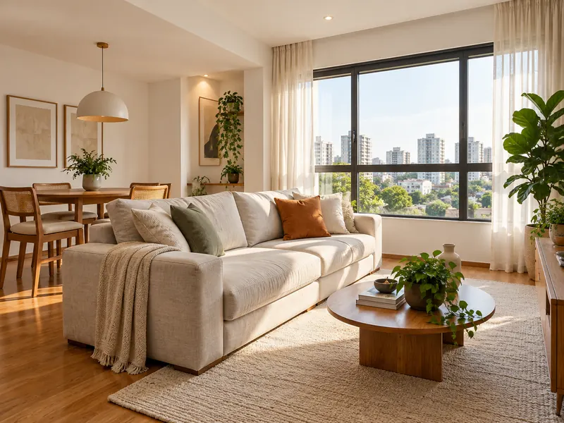 Sala de estar clara com sofá de linho, plantas e janela ampla com vista da cidade
